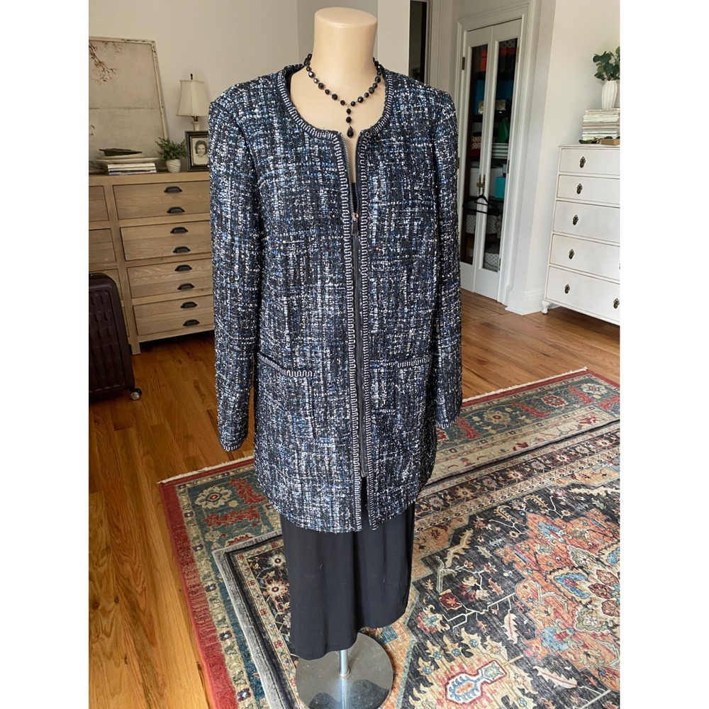 Venus‎ Womens Blue Black Metallic Tweed Zip Front Longline Jacket Blazer Size 12